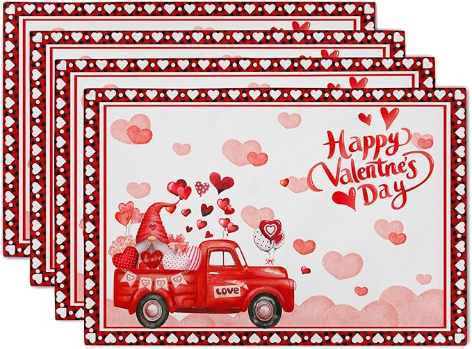 Valentines Day Placemats Red Truck Love Heart Placemats Set of 4 Cute Gnome Place Mats for Kitchen Dining Party Table Home Decoration Size 18x12 in
