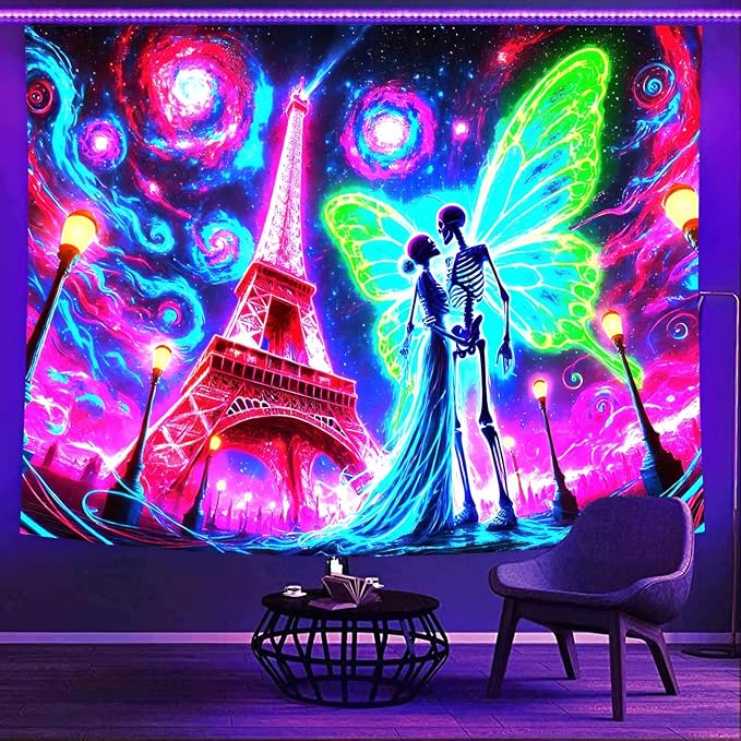 BlissYard Blacklight Skull Tapestry UV Reactive Tapestry 78x59 Inch Black Light Butterfly Galaxy Planet Glowing Large Neon Wall Hanging for Living Room Bedroom Decor Teens