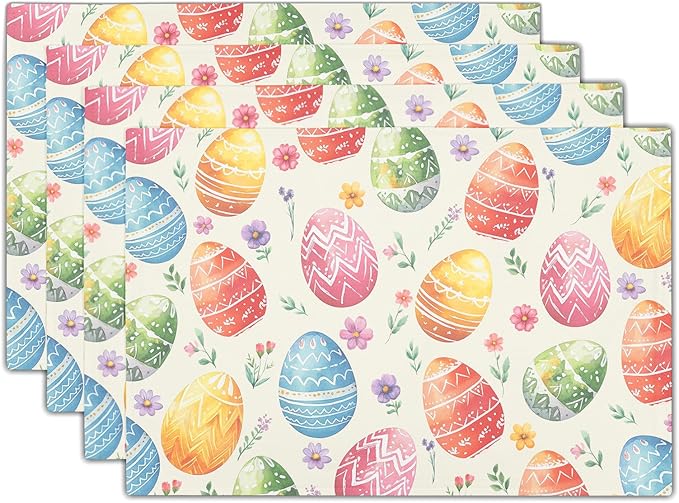 Easter Placemats Set of 4 Spring Colorful Easter Egg Floral Washable Non-Slip Heat Resistant Place Mats 12x18 Inch Rustic Linen Table Mats for Kitchen Dining Party Decor
