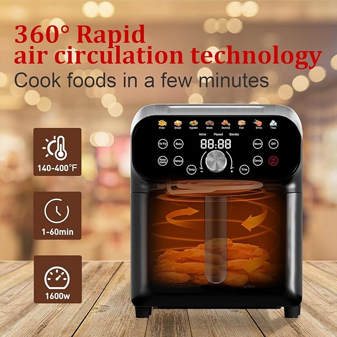 Air Fryer, 6QT Air Fryer Oven with LED Digital Touchscreen, 12 Preset Cooking Functions Air fryers,Roast, Warm-Up, Stay Warm, Stick-Free & Dishwasher-Friendly Basket, Stainless Steel/Black