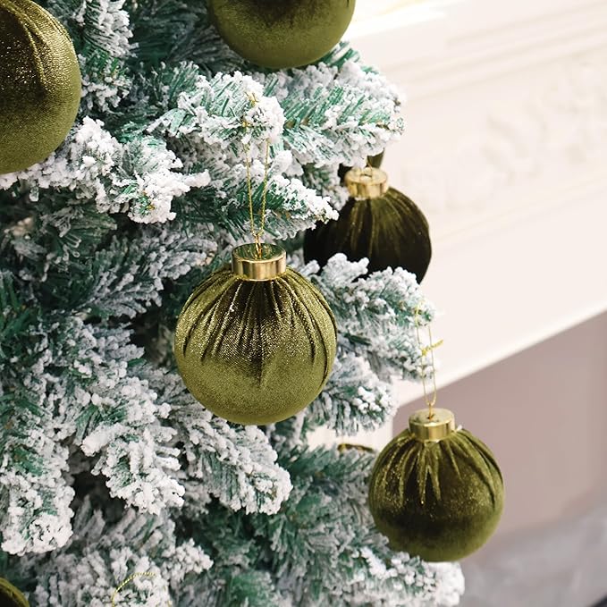 6inch Big Green Velvet Christmas Ornaments, 2pcs Flocked Ornaments Balls Sets for Christmas Tree Decorations