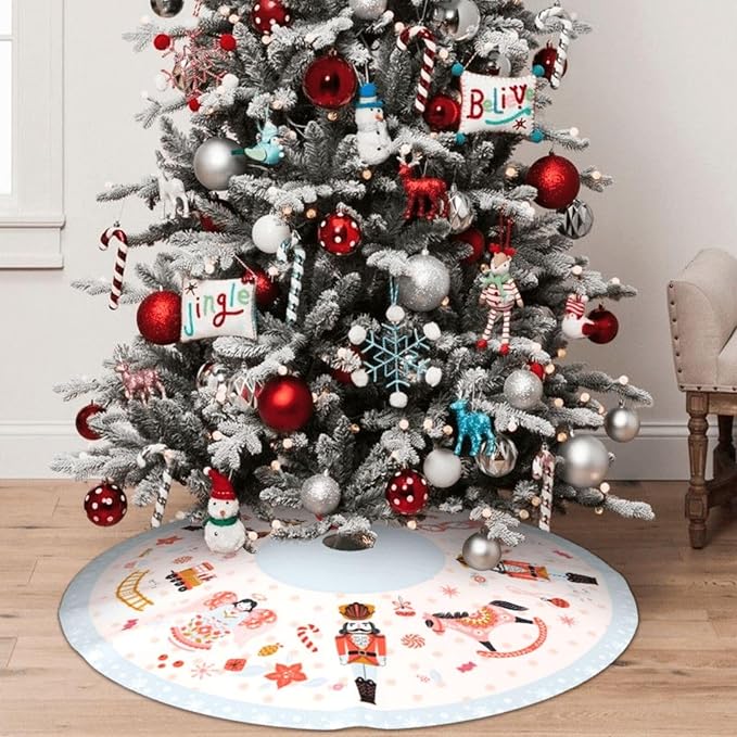 48" Large Christmas Tree Skirt, Nutcracker Candy Pattern Tree Mat Base Cover for Xmas Festive Holiday Party Decoration Ornaments