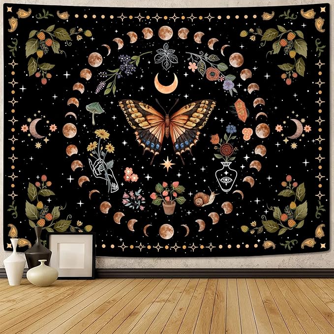 Aipon Yellow Butterfly Moon Flower Tapestry Botanical Floral Plant Boho Tapestry for Bedroom Aesthetic Vintage Tapestries Wall Hanging for Living Room Dorm (36.00'' × 48.00'', Yellow)