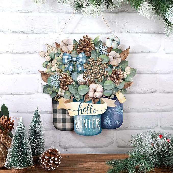 Boao Welcome Winter Door Decoration Hello Winter Wooden Sign Wall Snowflake Hanger Plaque for Christmas Outdoor Indoor Farmhouse Porch Decor