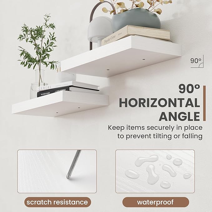 36 Inch Floating Shelves, 8 Inch Deep Floating Shelves for Wall, Hanging Shelf with Invisible Brackets, Deep Shelves for Bathroom, Bedroom, Living Room, White, Set of 2