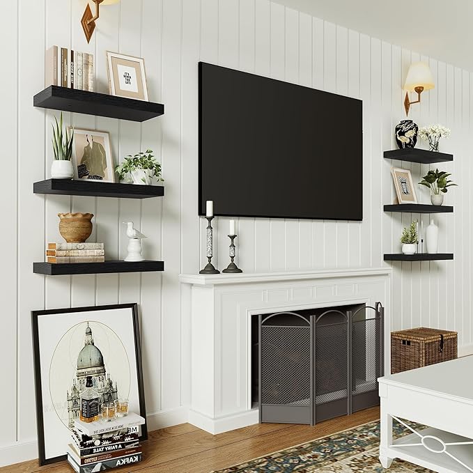 Black Floating Shelves for Wall, 16 inchs x 6.7” deep x 1.4” Wall Shelf for Bathroom Bedroom, Living Room, Kitchen, Office Home Decor, Narrow Wood Shelves with Invisible Brackets Set of 2