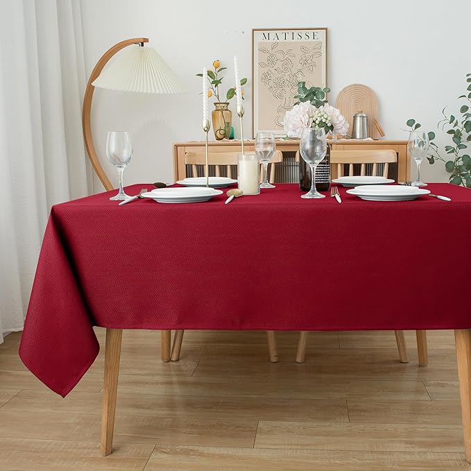 Biscaynebay Textured Fabric Christmas Table Cloth Rectangle 60x84 Inches, Red Water Resistant Spill Proof Tablecloths for Dining, Kitchen, Wedding and Parties, Machine Washable