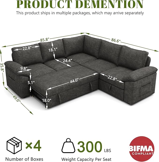 85 Inch Modular Sectional Sofa with Pull Out Bed,L Shaped 5 Seat Sectional Sleeper Sofa with Storage,Sectional Couches for Living Room,Cloud Modular Couch,Removable Sofa Cover,Dark Grey