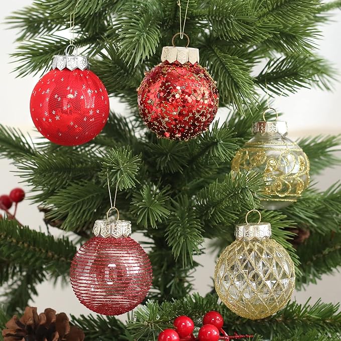 25PCS Christmas Ornaments Set, 2.36"/6CM Clear Plastic Shatterproof Christmas Ball Hanging Ornaments for Xmas Tree Decorations, for Indoor Home Party Holiday Decor - Red/Gold.