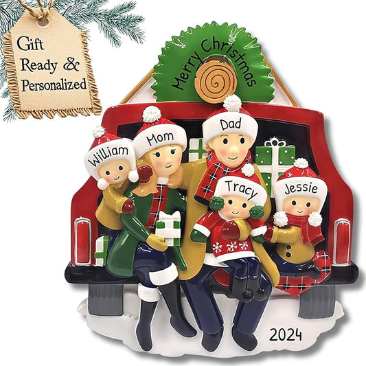 3D Red Truck Family of 5 Christmas Ornament 2025 Personalized Family Christmas Ornaments 2025 | Vintage Car Road Trip Presents Personalized Tree Ornaments Customizable Gifts in Pickup of Five Ornament