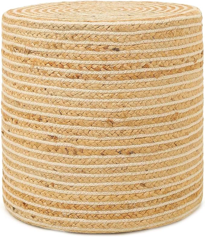 REDEARTH · Cylindrical Pouf Foot Stool Ottoman - Jute Braided Pouffe Poof Sitting Footrest for The Living Room, Bedroom, Nursery, Patio, Lounge & Other Rooms in Home (14.5”x14.5”x16”; Natural Ivory)