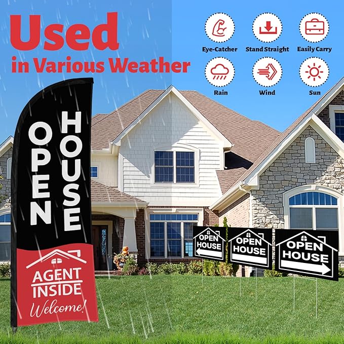 44 Pcs Open House Signs for Real Estate, Double Sided Open House Flag Kit, 7.6 x 5.4 Ft Black Banner Flag Poles Set for Outside, Directional Arrows Sign Stakes Balloons for Open House Supplies