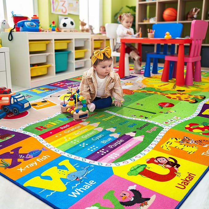 9x12 Washable Area Rug, Educational and Fun Kids Rug for Classroom Playroom Living Room Bedroom, Learning and Safe Playmat with ABC Alphabet Animals,Baby Toddler Children Play Mat