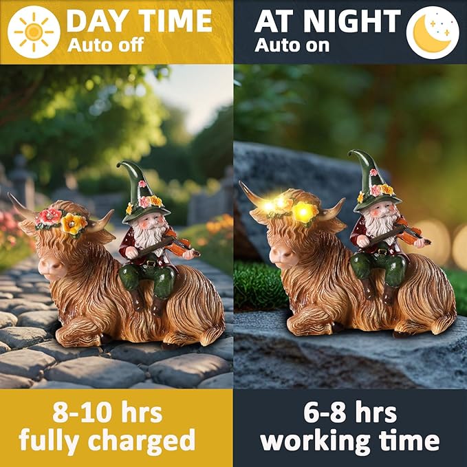 Solar Highland Cow Figurines for Garden with Gnome Playing The Violin 6.7" Resin Garden Gnomes Outdoor Patio Yard Lawn Porch Decor Birthday Housewarming Gifts for Women Mom Grandma Wife Sister Friend