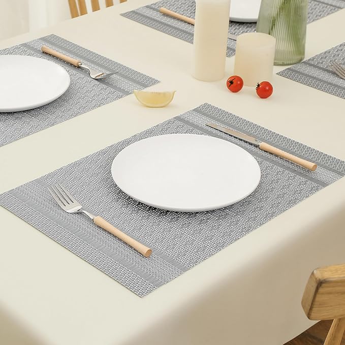 Leetaltree Lunar Grey Placemats Set of 8 - Heat Resistant Non-Slip Place mats for Dining Table, Washable Durable PVC Vinyl Woven Table Mats（Lunar Grey, 8）