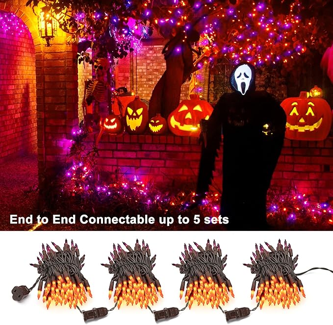 ODEETRONIC Purple Orange Lights, 21.63ft 100 Count Mini Incandescent Halloween Lights, 120V UL Certified Connectable Plugin Outdoor Tree Light, Brown Wire Indoor String Light for Party Spooky Decor