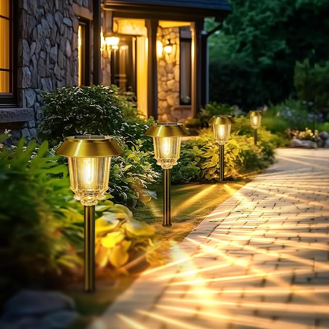 Solar Lights Outdoor Waterproof,4 Pack Gold Pathway Lights with 10-40 LM Dimmable Glass and Metal, Solar Powered Garden Decor for Yard,Patio,Pathway,Driveway Fall Decoration(Warm White)