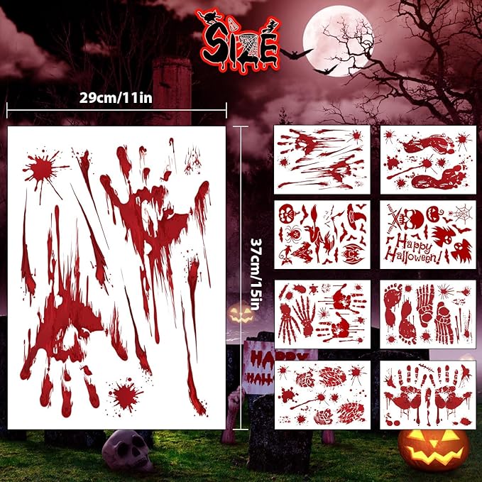 Halloween Decorations, 8 Sheet/95Pcs Halloween Bloody Handprint Footprint Wall Decal Floor Clings, Horror Handprint Home PVC Halloween Decoration Window Stickers