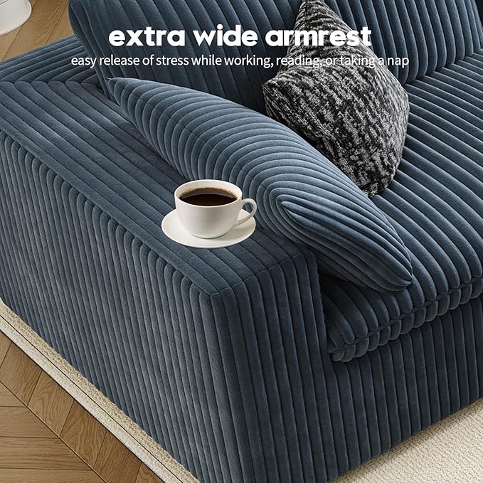 118" Cloud Couch Oversized Modular Sectional Sofa for Living Room,Modern Sofa with Deep Seat，6 Seater Boneless Couch,Comfy Upholstered Corduroy Couches for Apartment, Studio, Office,Bedroom，Blue