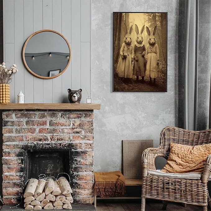 Vintage Horror Spooky Three Rabbits In Occult Forest Spooky Canvas Wall Art Poster Gothic Dark Academia Decorations Room Creepy Print Retro Halloween Wall Decor 16X24inch Aluminum Framed