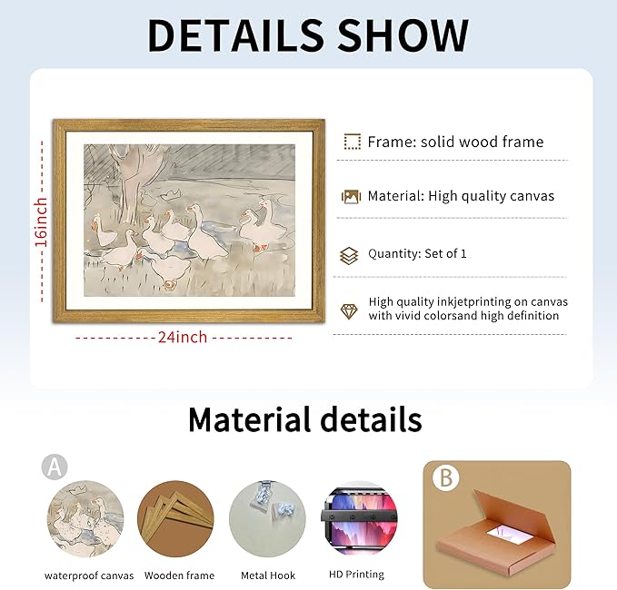 Vintage Framed Goose Wall Art Watercolor Print, Rustic Farm Duck Decor Canvas Painting, Minimalist Pastoral Poster Picture, Country Cottage Wall Decor for Living Room Kitchen Bathroom Bedroom 16x24 in