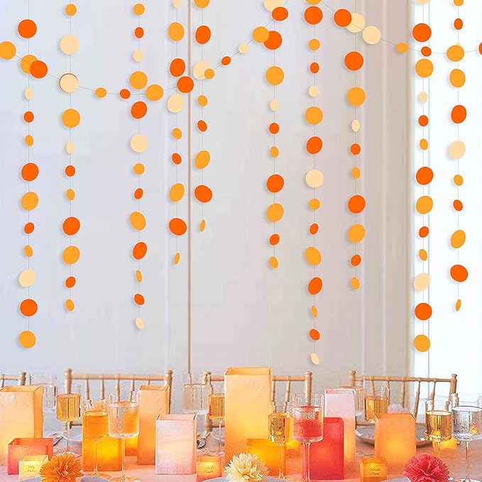 46 Ft Thanksgiving Fall Autumn Circle Dots Garland Gradient Orange Polka Dot Hanging Paper Streamer for Orange Wedding Bridal Shower Birthday Baby Shower Engagement Harvest Party Decorations Supplies
