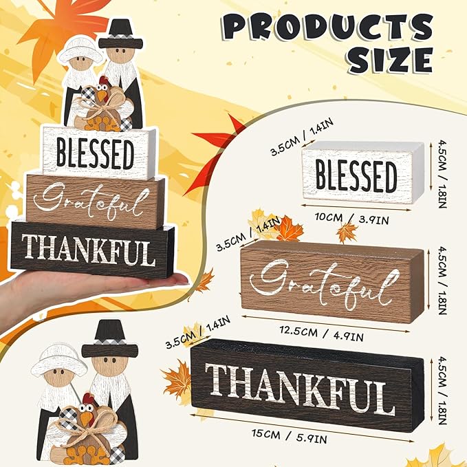 4 Pcs Fall Thanksgiving Table Decor for Home Pilgrim Couple Wooden Signs with Blessed Thanksgiving Autumn Tiered Tray Decor Turkey Tabletop Centerpiece Grateful Block Signs for Office Kitchen Shelf