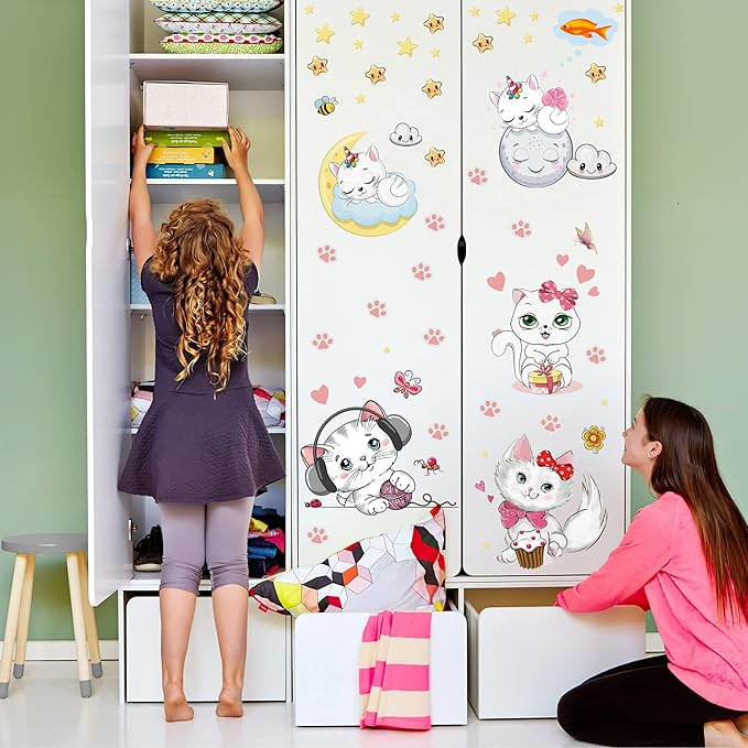 Glow in The Dark Stars for Girl's Room, Glowing Cats Cartoon Wall/Ceiling Decals, Kitten Butterflies Stickers for Kids Bedroom, Luminous Wall Decor for Nursery (Blue)