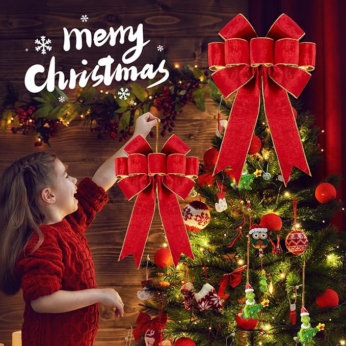 3pcs Large Christmas Bows Velvet Red Bows Holiday Red Christmas Bows Decorations for Wreath Velvet Bows Decor for Christmas Tree Topper, Front Door, Outdoor(14 * 12 inch)