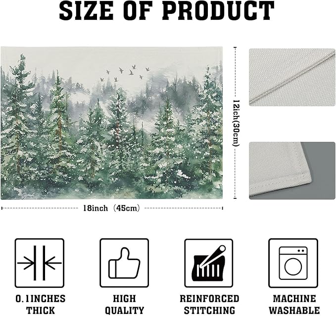 Green Watercolor Tree Christmas Placemats Set of 4 Seasonal Winter Theme Place Mats 12x18 Inch Xmas Holiday Washable Table Mats for Home Party Kitchen Dining