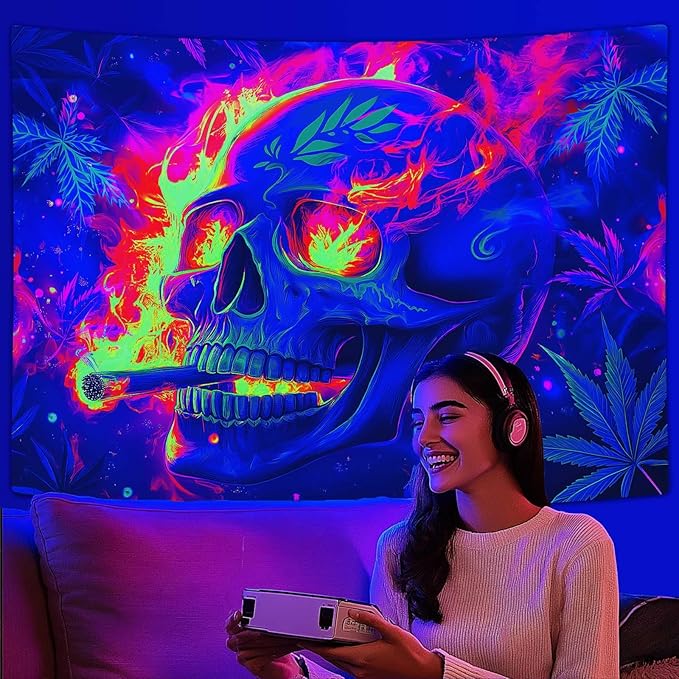 Blacklight Skeleton Tapestry, Glowing Skull UV Reactive Gothic Wall Hanging Tapestries, Glow in the Dark Grim Reaper Magic Horror Face Halloween Poster Tapestry for Bedroom Living Room Decor 60X40IN