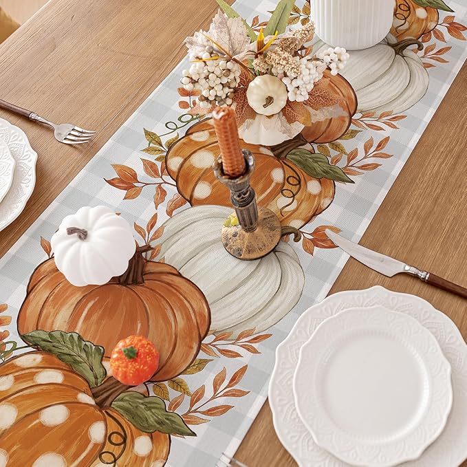 Romanstile Pumpkin Leaves Fall Table Runner, Buffalo Plaid Autumn Thanksgiving Harvest Farmhouse Style Table Decoration for Dining, Party, Holiday - 13x48 Inch, Grey Blue