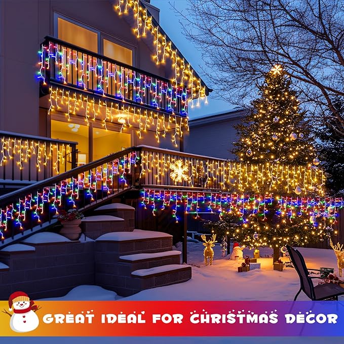JMEXSUSS Color Changing Outdoor Waterproof Icicle Lights, 400 LED with Remote, Warm White to Multicolor for Christmas Eaves Party Decorations