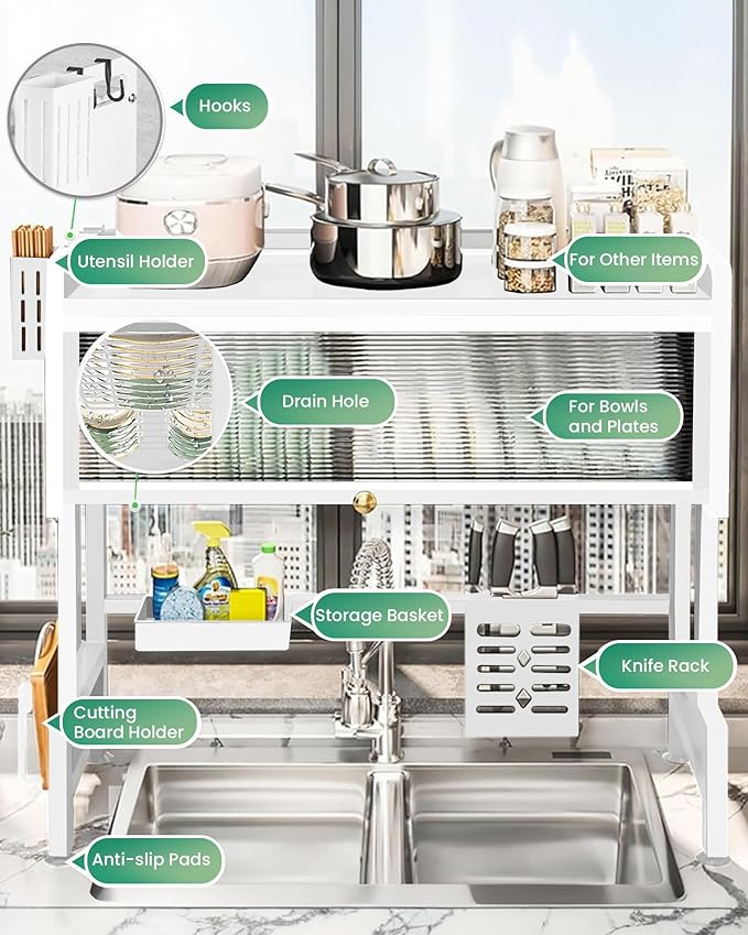 Dish Drying Rack, 3-Tier Over Sink Dish Drying Rack, 33.5" Sink Dish Rack for Small Kitchen, Space-Saving Sink Dish Rack with Cover, Baskets, Utensil, Large Kitchen Storage Organizer White