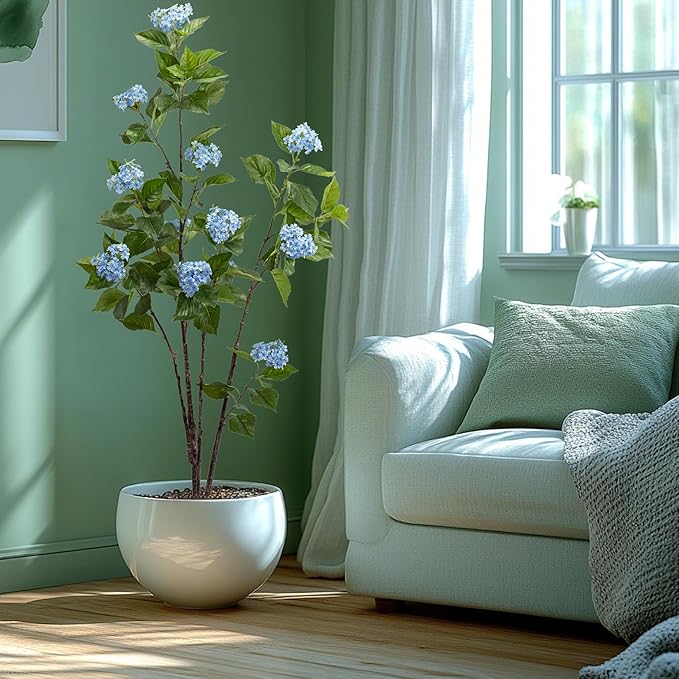 Fake Plants Home Decor Artificial Plants Outdoor Hydrangea Artificial Plants Indoor Fake Tree Living Room Decor Artificial Tree Porch Decor Fiddle Leaf Fig Tree 6Ft (Blue)