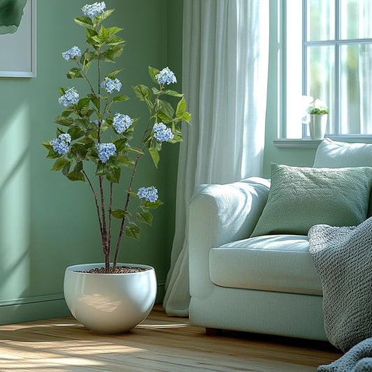 Fake Plants Home Decor Artificial Plants Outdoor Hydrangea Artificial Plants Indoor Fake Tree Living Room Decor Artificial Tree Porch Decor Fiddle Leaf Fig Tree 6Ft (Blue)