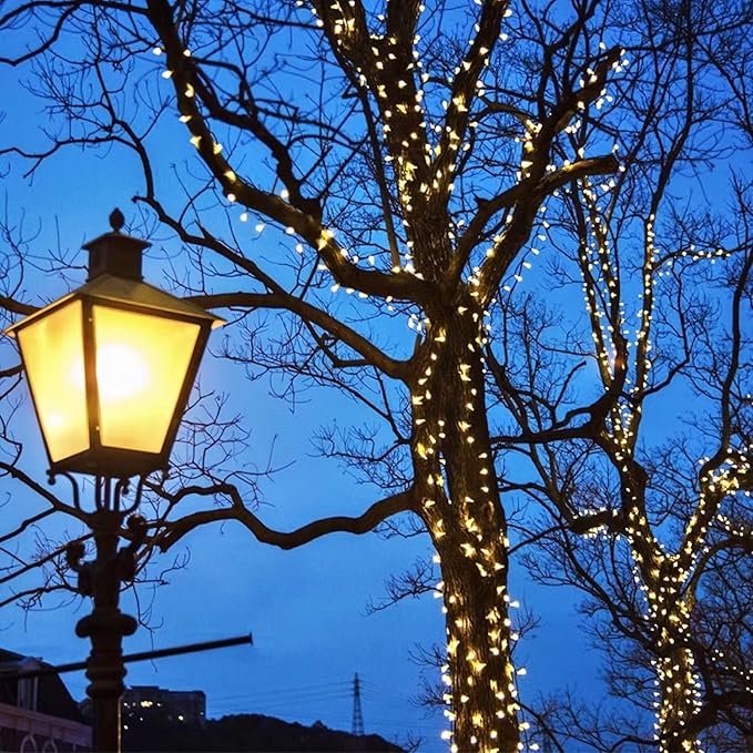 6pk Warm White Solar Christmas Lights Outdoor Waterproof, 600 LED 198FT Solar Powered LED String Lights Green Wire with 8 Modes, Solar Fairy Lights for Xmas Tree Party Wedding Garden Fence Decorations