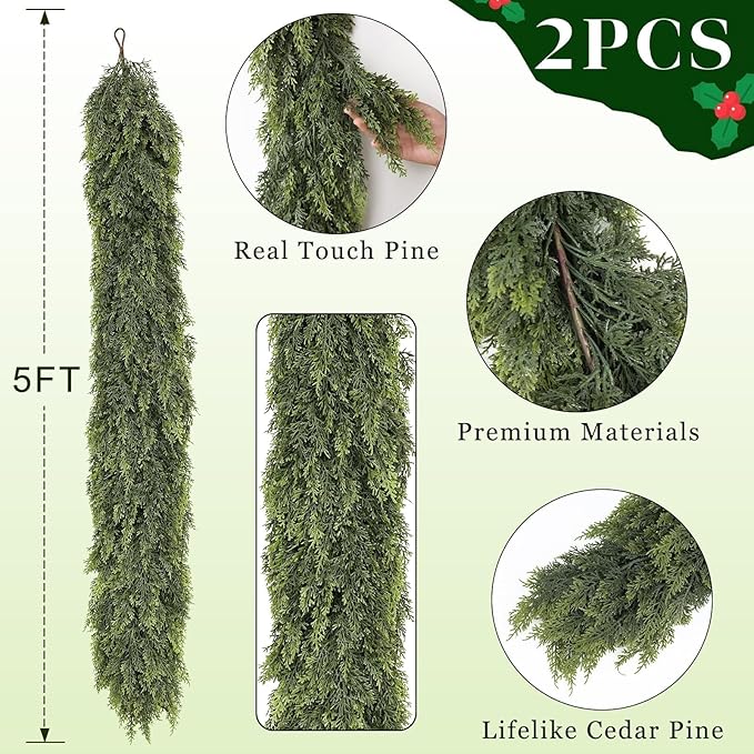 Real Touch Christmas Cedar Garland -5ft Artificial Garlands Faux Cedar Fake Pine Needles Garland for Fireplace,Table,Window,Stairs,Mante,Holiday Indoor Outdoor Xmas Decor(2PCS)