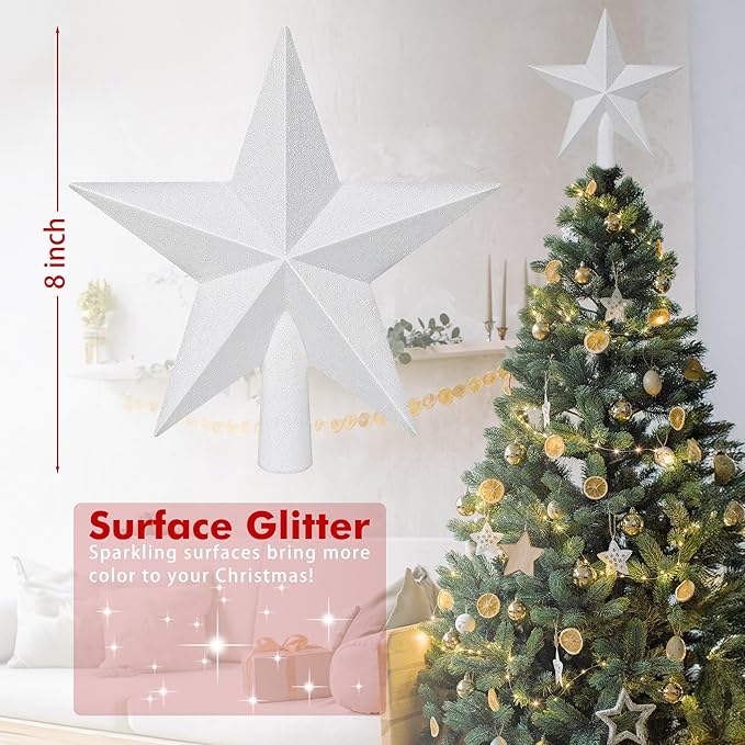 Star Tree Topper, 8" White Christmas Tee Topper Decorations, Glitter 3D Xmas Bethlehem Star Waterproof Shatter-Proof, Christmas Tree Topper Ornament Decor for Christmas Holiday Party Indoor Outdoor