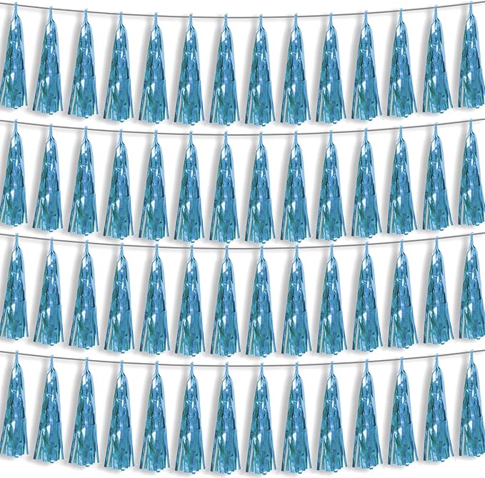 4P Light Blue Foil Fringe Metallic Streamers Banner Tassel Garland for Parade Floats, Bachelorette, Wedding, Birthday, Halloween, Christmas, Bridal/Baby Shower Party Decorations