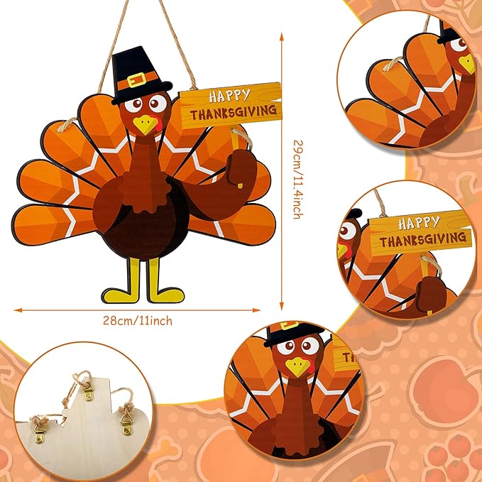 Thanksgiving Turkey Wooden Door Sign Hanging Turkey Art Door Decor Thanksgiving Turkey Wall Art Hanging Rustic Plaque for Thanksgiving Day Party Front Door Home Office Decoration, 11.4 x 8.3 Inch