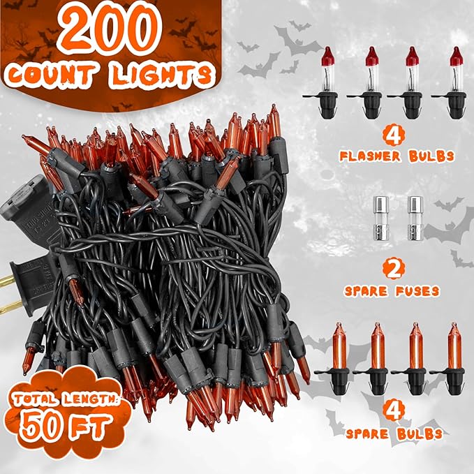Halloween Lights Orange Lights, 50FT 200 Count Incandescent Connectable Fall Light, 120V UL Listed Waterproof Halloween Decorations for Autumn Indoor Outdoor Party Home Garden Yard Decor