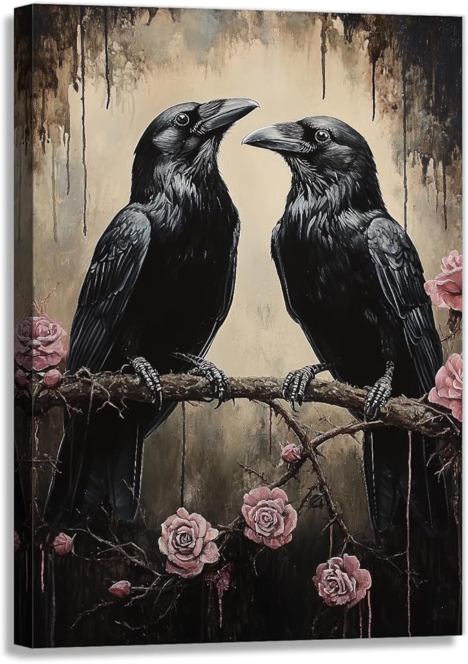 OAAPITI Crow Canvas Wall Art Black Raven Picture Print Pink Rose Poster Vintage Gothic Painting Artwork for Living Room Halloween Decor(Artwork-6,16"x24")