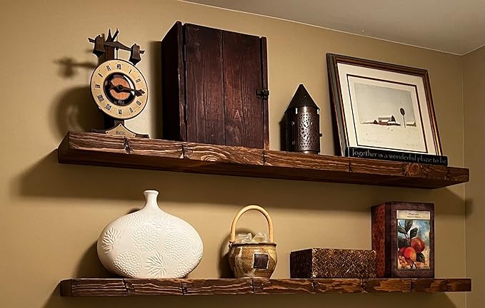 joelsantiques Floating Shelf, Wood Wall Shelf, Natural Wooden Home Decor for Bathroom Kitchen Bedroom, Hanging Mounted Invisible Bracket (Medium Brown, 7" Deep x 48" Wide)