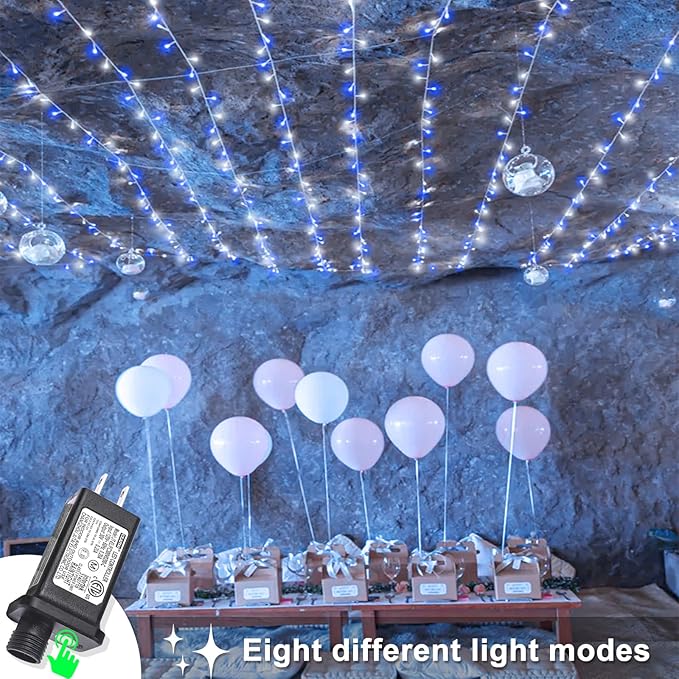 Blue and White Christmas Lights Outdoor 82ft 250 LED Christmas Tree Lights 8 Modes Clear Wire, Plug in Waterproof Twinkle Fairy Lights for Indoor Christmas Bedroom Tree Decorations
