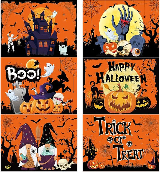 Plastic Placemats Set of 6 Halloween Table Mats - Trick or Treat Kitchen Decor - Wipe Clean, Washable, Recyclable - Orange Place Mats for Indoor/Outdoor - Heat Resistant - Kitchen/Dining Table