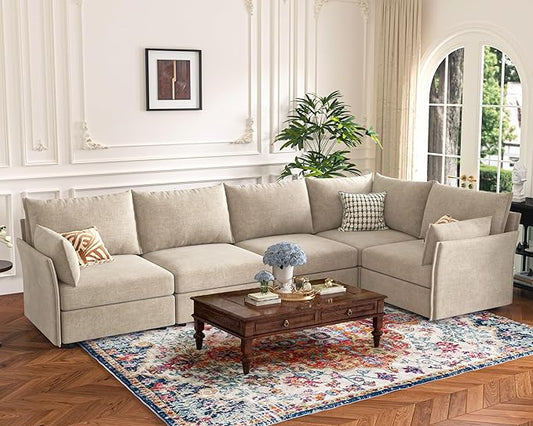 135.5" Oversized Modular Sectional Sofa, L Shaped Convertible Couch with Movable Ottoman, 5 Seat Corner Couches for Living Room Deep Seat Beige Chenille