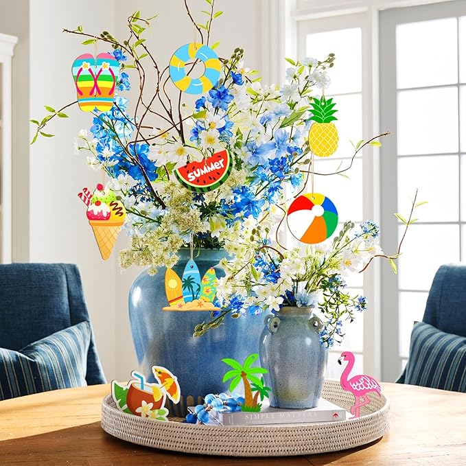 80PCS Wooden Summer Ornaments to Paint, 10 Styles DIY Blank Unfinished Wood Beach Cutouts Ornament for Crafts Hanging Decorations, Watermelon Surfboard Slippers Coconut Tree Home Decorations Gifts