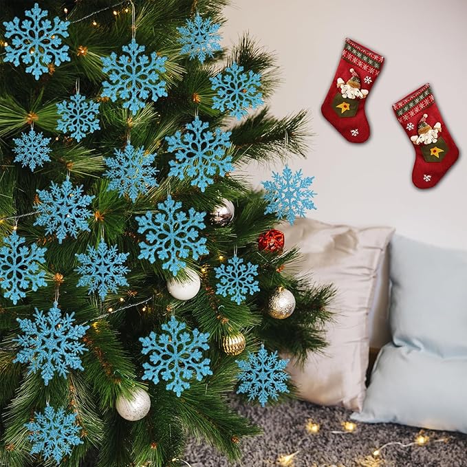 36pcs Christmas Light Blue Snowflake Ornaments Plastic Glitter Snow Flakes Ornaments for Winter Christmas Tree Decorations Size Varies Craft Snowflakes