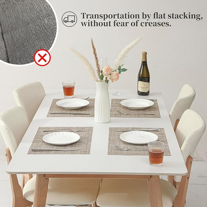 Leetaltree Linen Yellow Placemats Set of 6 - Heat Resistant Non-Slip Place mats for Dining Table, Washable Durable PVC Vinyl Woven Table Mats（Linen Yellow, 6）